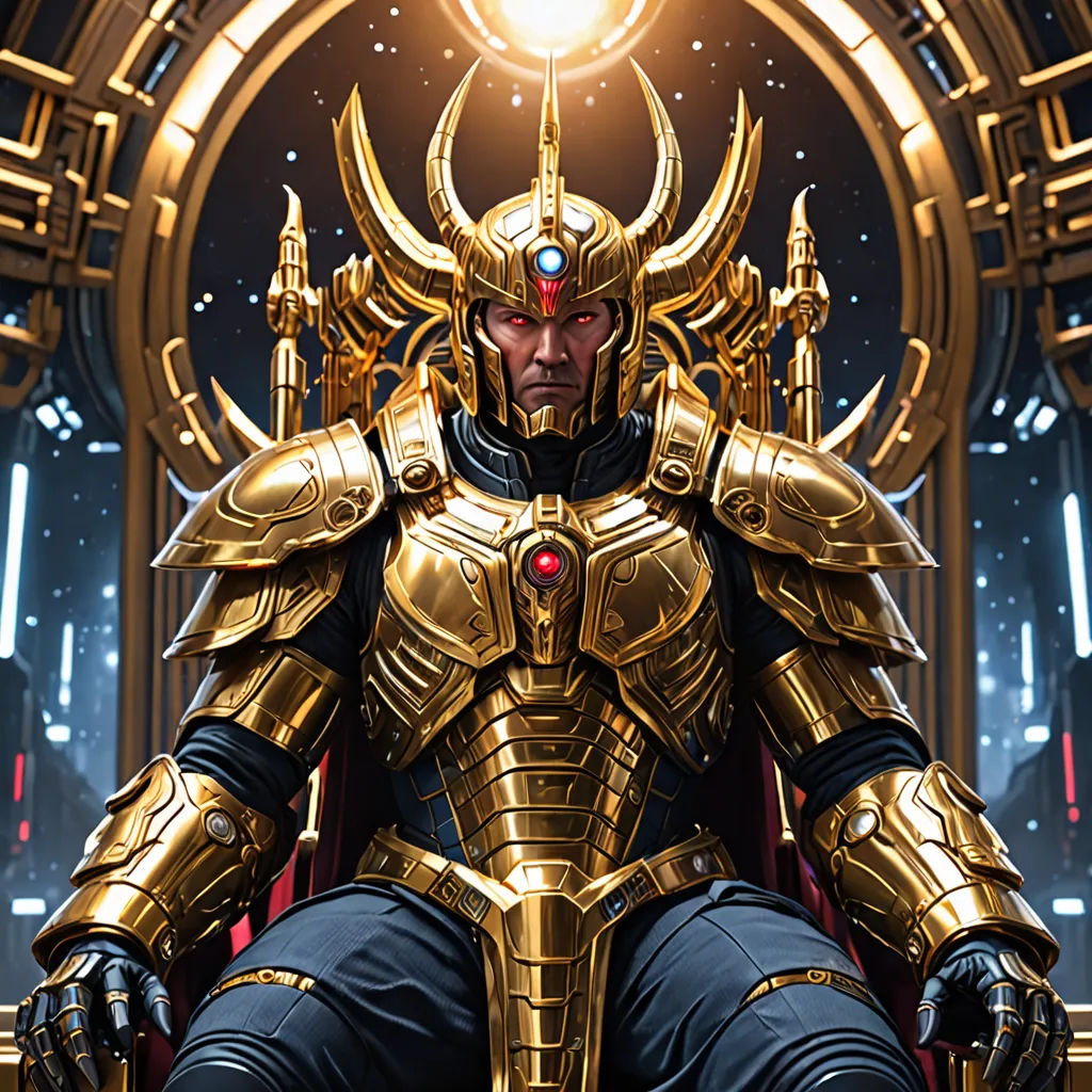 a man in a golden armor sitting on a throne with a halo above his head and a halo above his head, fantasy art, a comic book panel, Donato Giancola, comic cover art