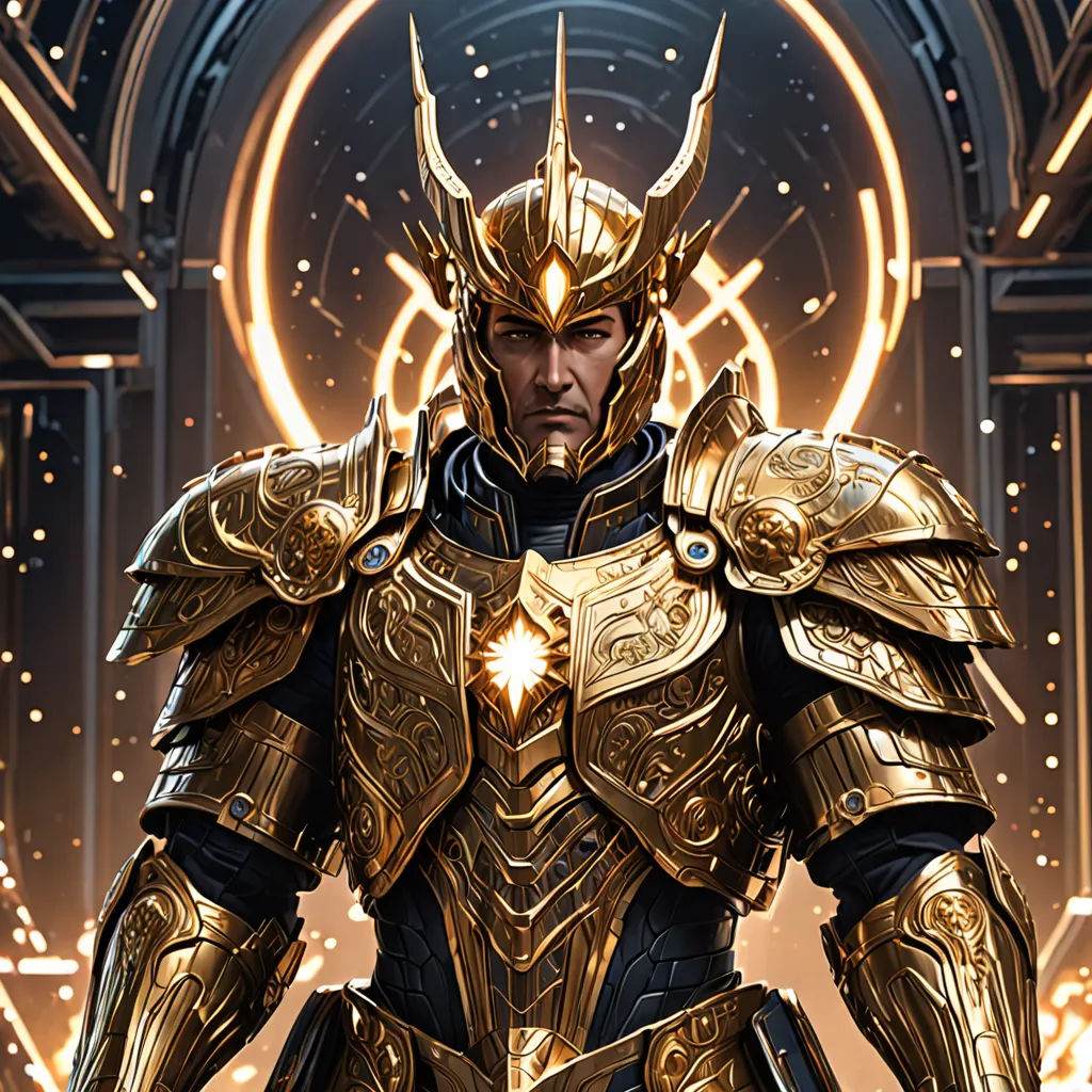 a man in a golden armor standing in front of a circular background with a light shining on him and a halo around his head, fantasy art, concept art, Clint Cearley, epic fantasy character art