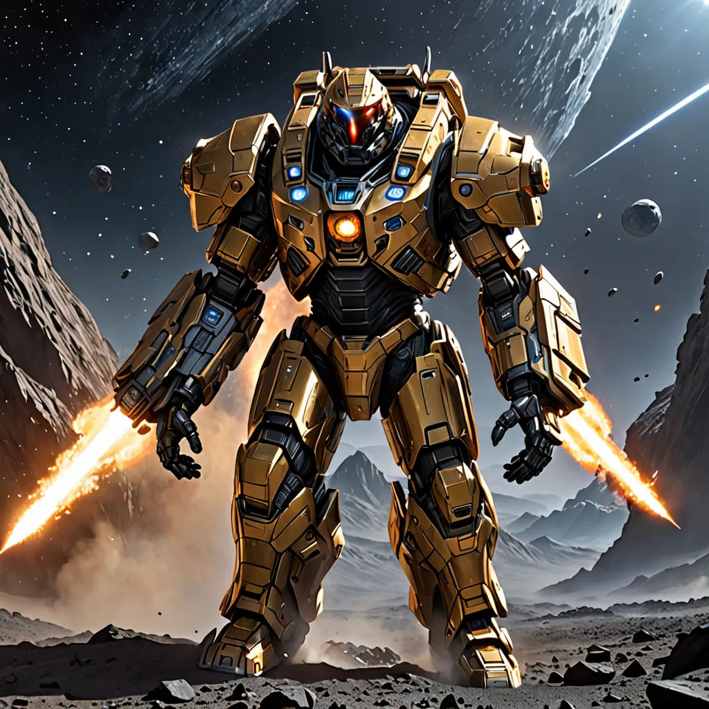 a giant robot with a massive gun in his hand and a space background with rocks and planets in the foreground, space art, concept art, Eve Ryder, star citizen halo