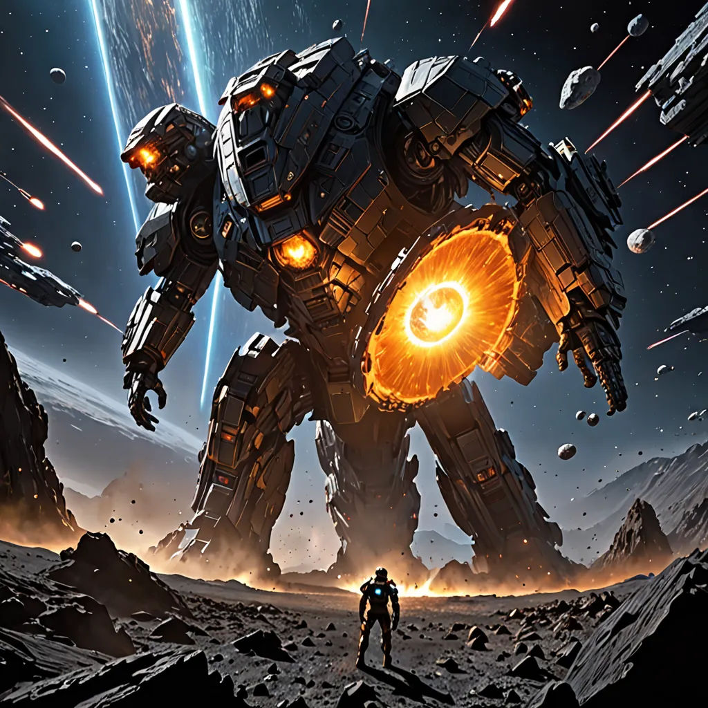 a man standing in front of a giant robot on a planet with a huge yellow light in his eyes, space art, concept art, Darek Zabrocki, promotional image