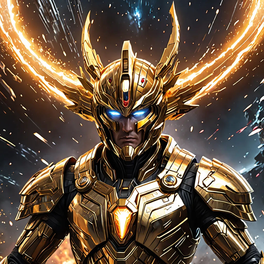 a man in a golden suit with a sword in his hand and a star in the background with a sky full of stars, afrofuturism, concept art, Android Jones, key art