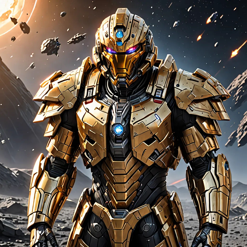 a robot standing in front of a space scene with a spaceship in the background and a planet in the foreground, antipodeans, concept art, Aleksi Briclot, warframe armor