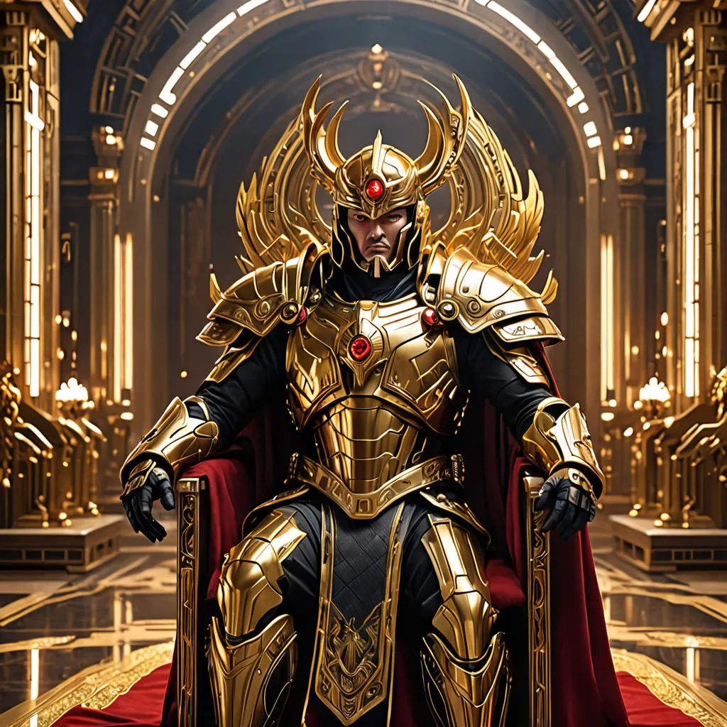 a man in a golden armor sitting on a throne with a red cape and gold crown on his head, maximalism, concept art, Dai Jin, unreal engine 5 quality render