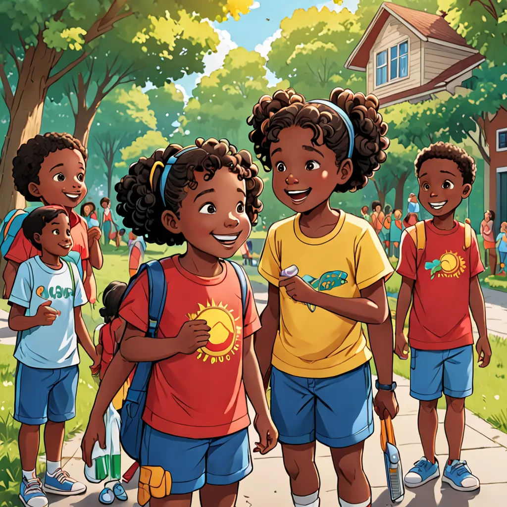a group of children standing on a sidewalk in front of a house and trees with a yellow sun on their shirt, afrofuturism, a storybook illustration, Bob Thompson, comic cover art