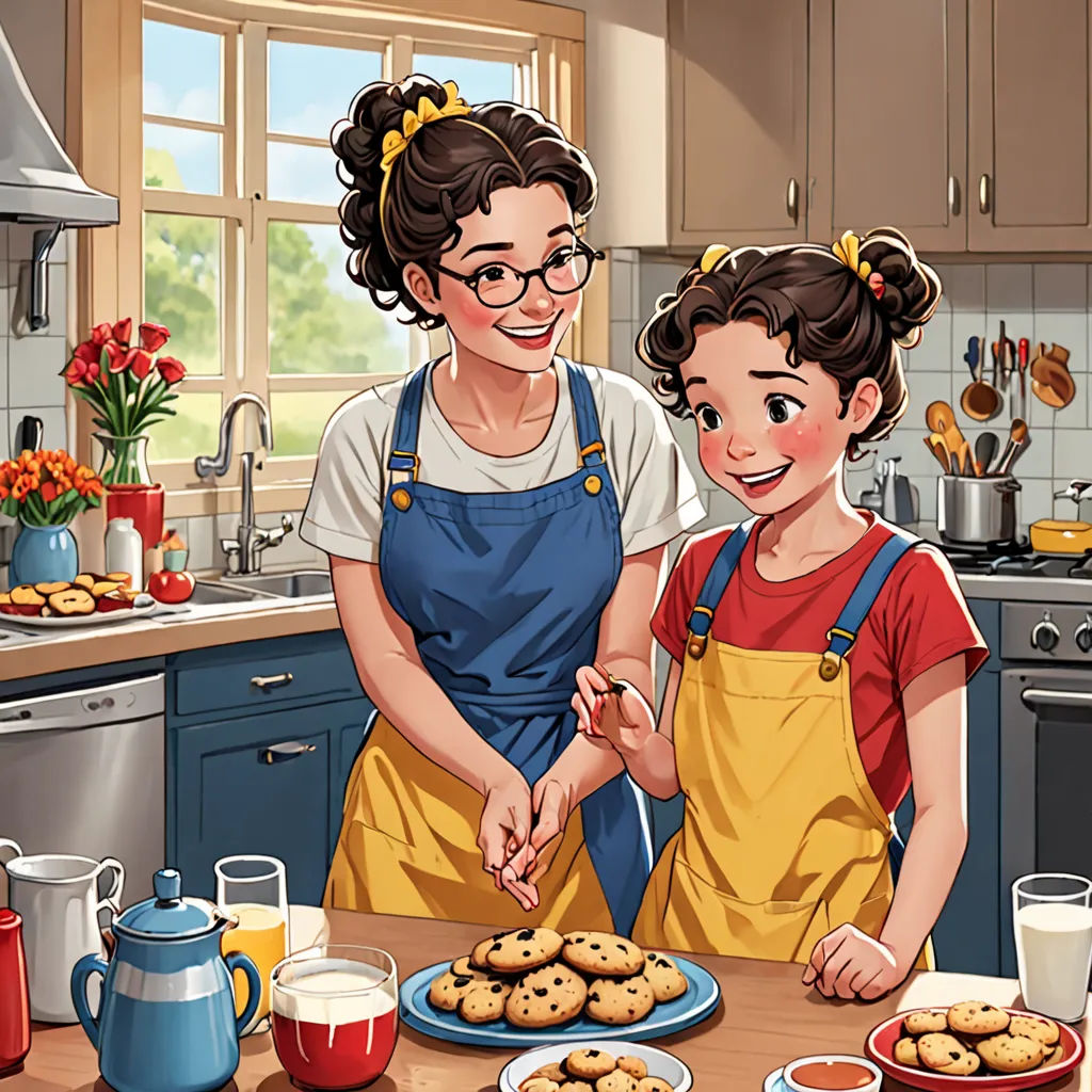 a woman and a child are making cookies in the kitchen together, with a table full of cookies and milk, american scene painting, a storybook illustration, Anne Said, official art