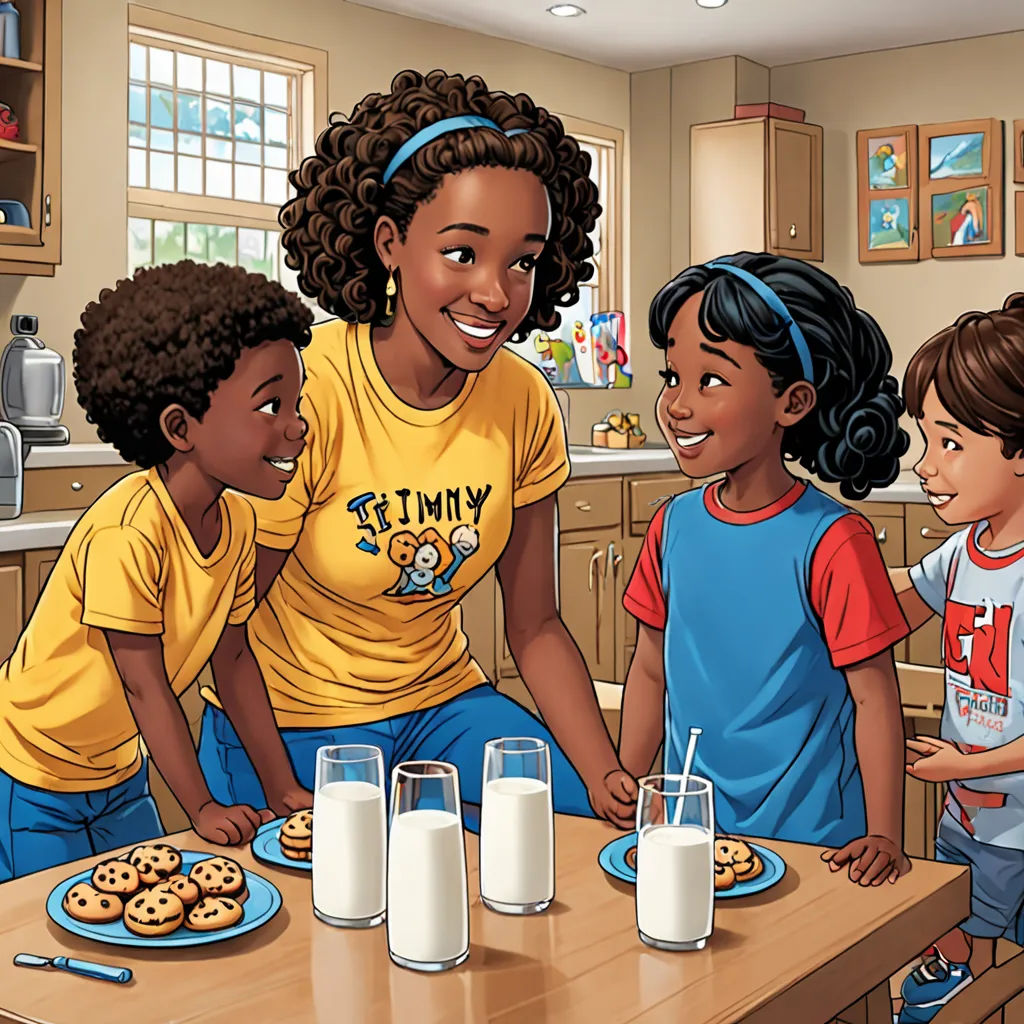 a woman and three children are eating cookies and milk in the kitchen together, with a cartoon of them smiling, american scene painting, a storybook illustration, Elinor Proby Adams, storybook illustration