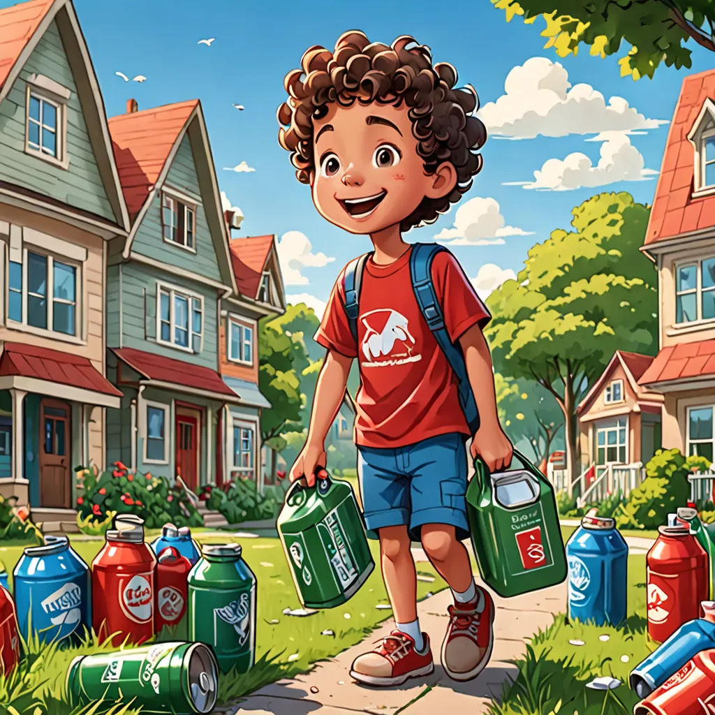 a boy carrying two buckets and a can of soda in front of a house with a lot of cans, american scene painting, a storybook illustration, Chris LaBrooy, promotional image