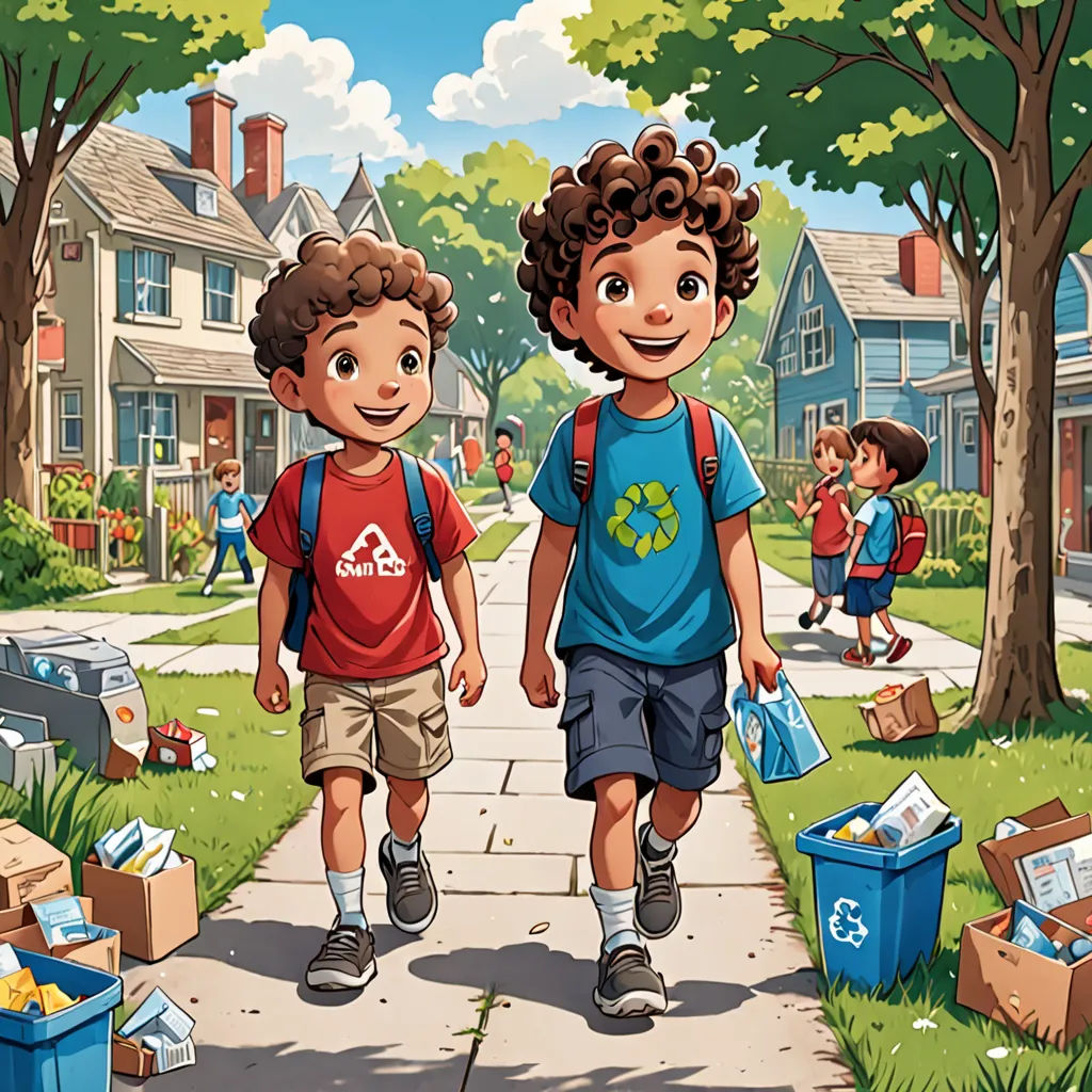 two children walking down a sidewalk with a lot of garbage on the ground behind them and a few houses, environmental art, a storybook illustration, Brothers Hildebrandt, comic cover art