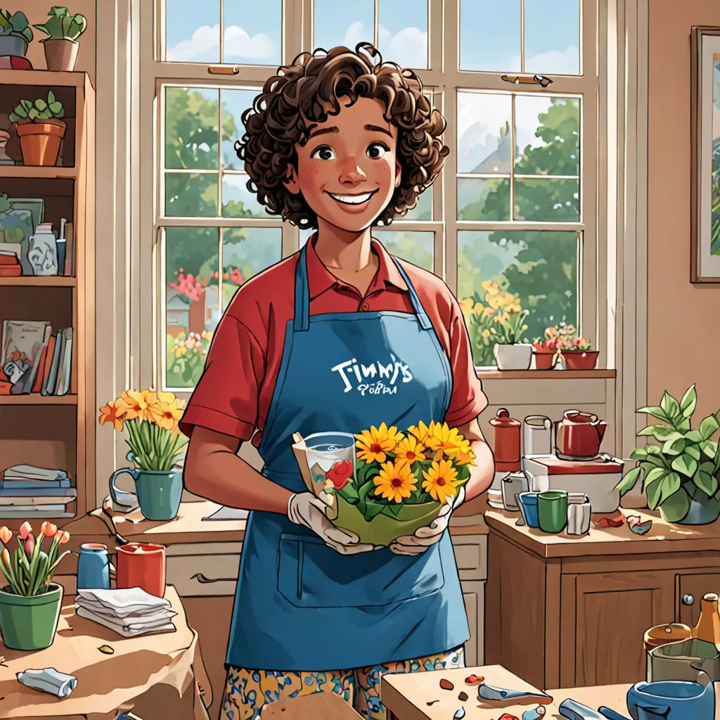 a woman holding a bowl of flowers in a kitchen with a window behind her and a pot of flowers in the foreground, american scene painting, a comic book panel, Emily Mason, comic cover art