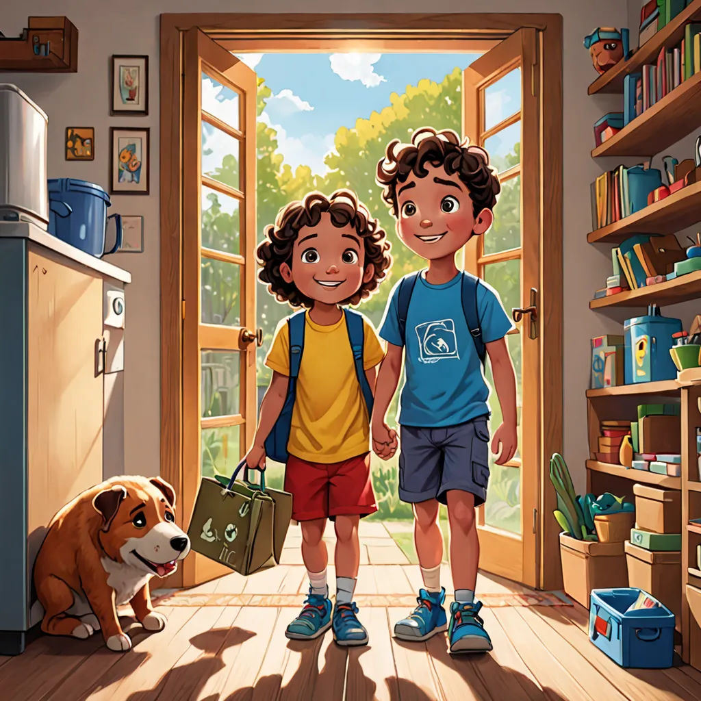 a boy and a girl are standing in a room with a dog and a bookcase on the floor, american scene painting, a storybook illustration, Brothers Hildebrandt, official art