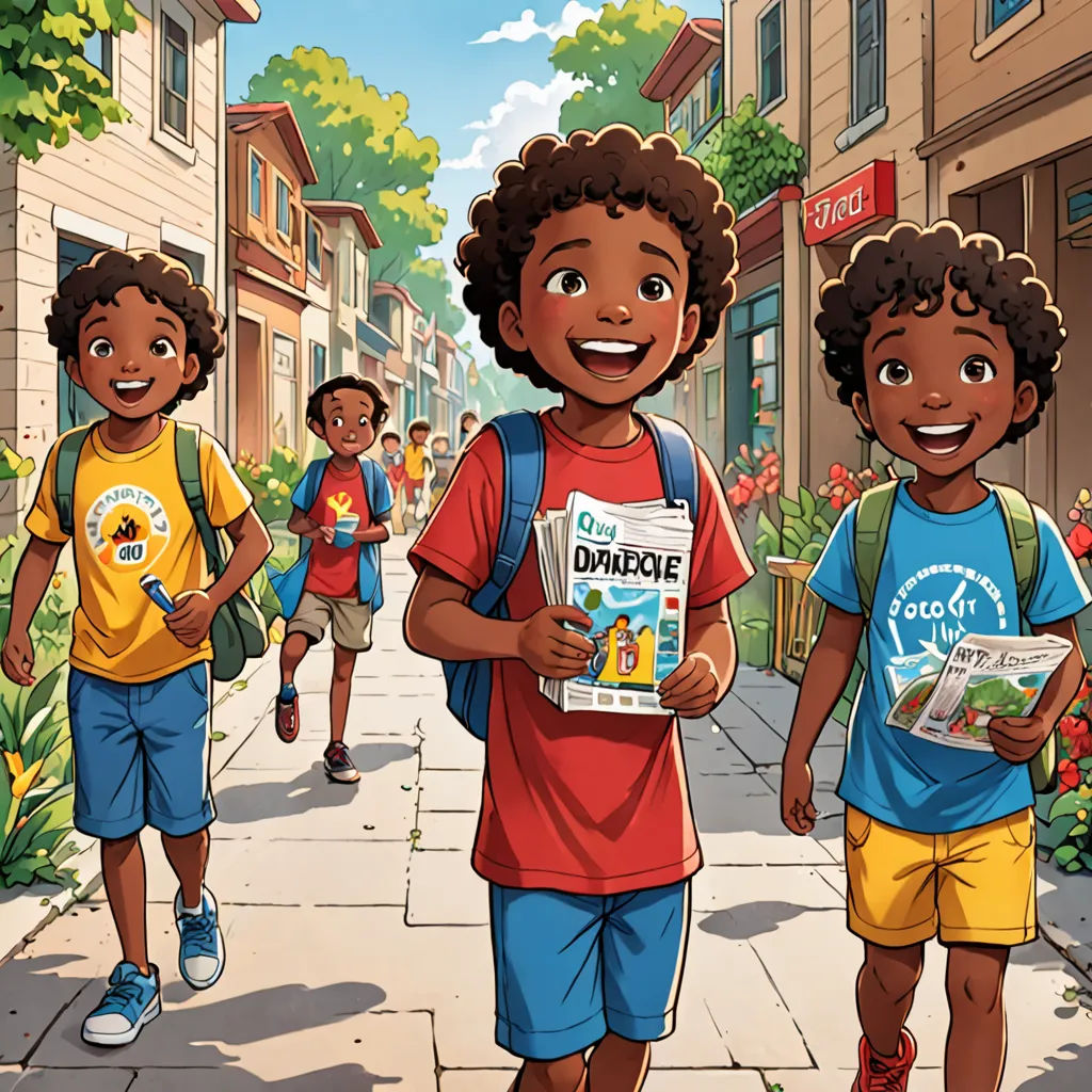 a group of children walking down a street next to a building with a sign that says don't dance, process art, a storybook illustration, Asaf Hanuka, comic cover art