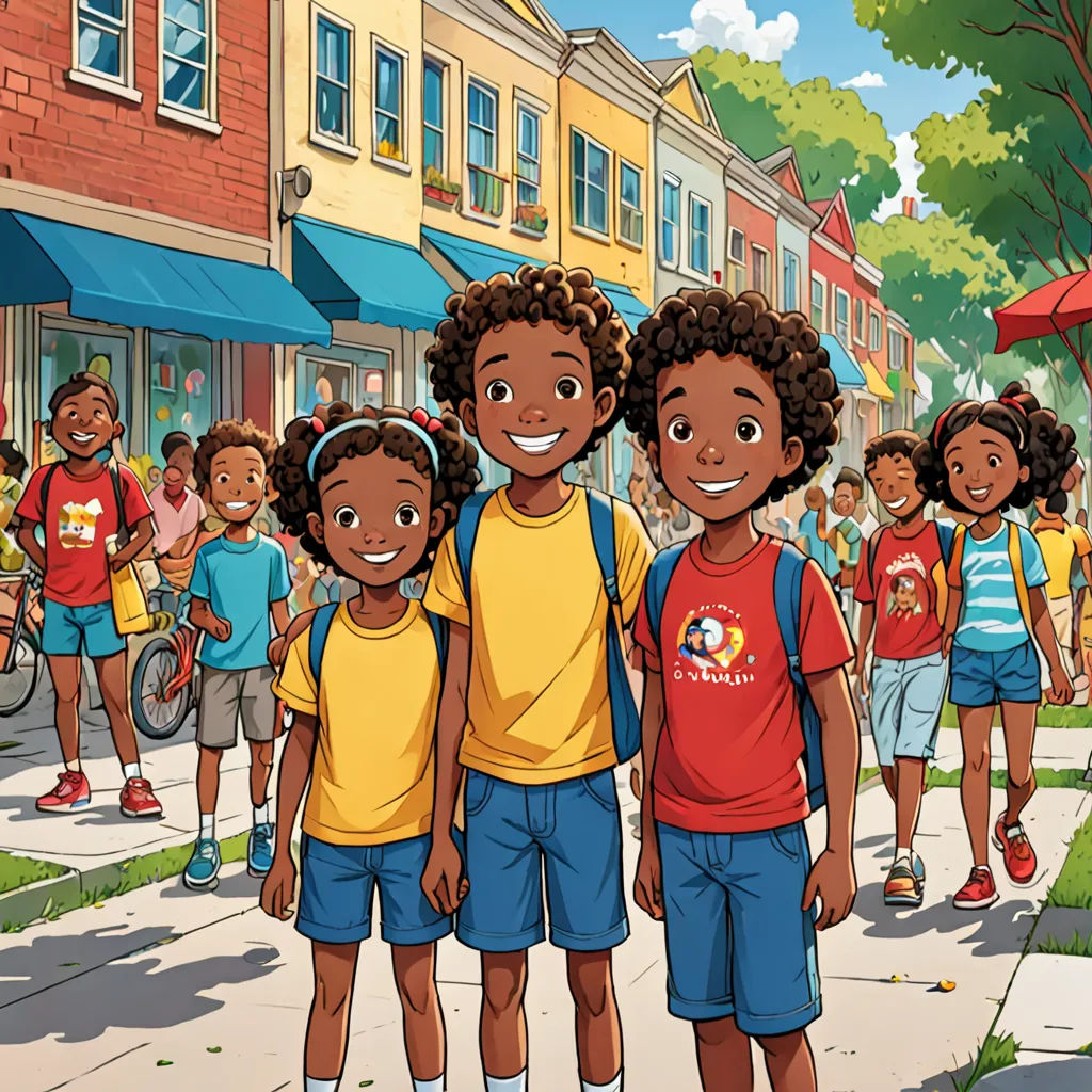 a group of children standing on a sidewalk in front of a crowd of people on a city street with a red umbrella, harlem renaissance, a storybook illustration, Americo Makk, official art