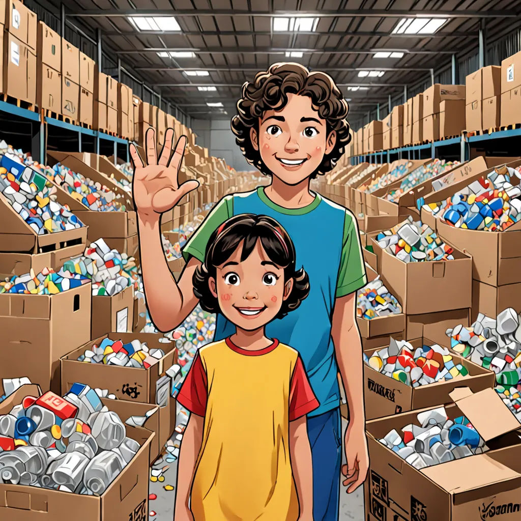 a man and a child standing in a warehouse full of boxes and cans of sodas and cans of soda, lyco art, a storybook illustration, Diego Gisbert Llorens, comic cover art