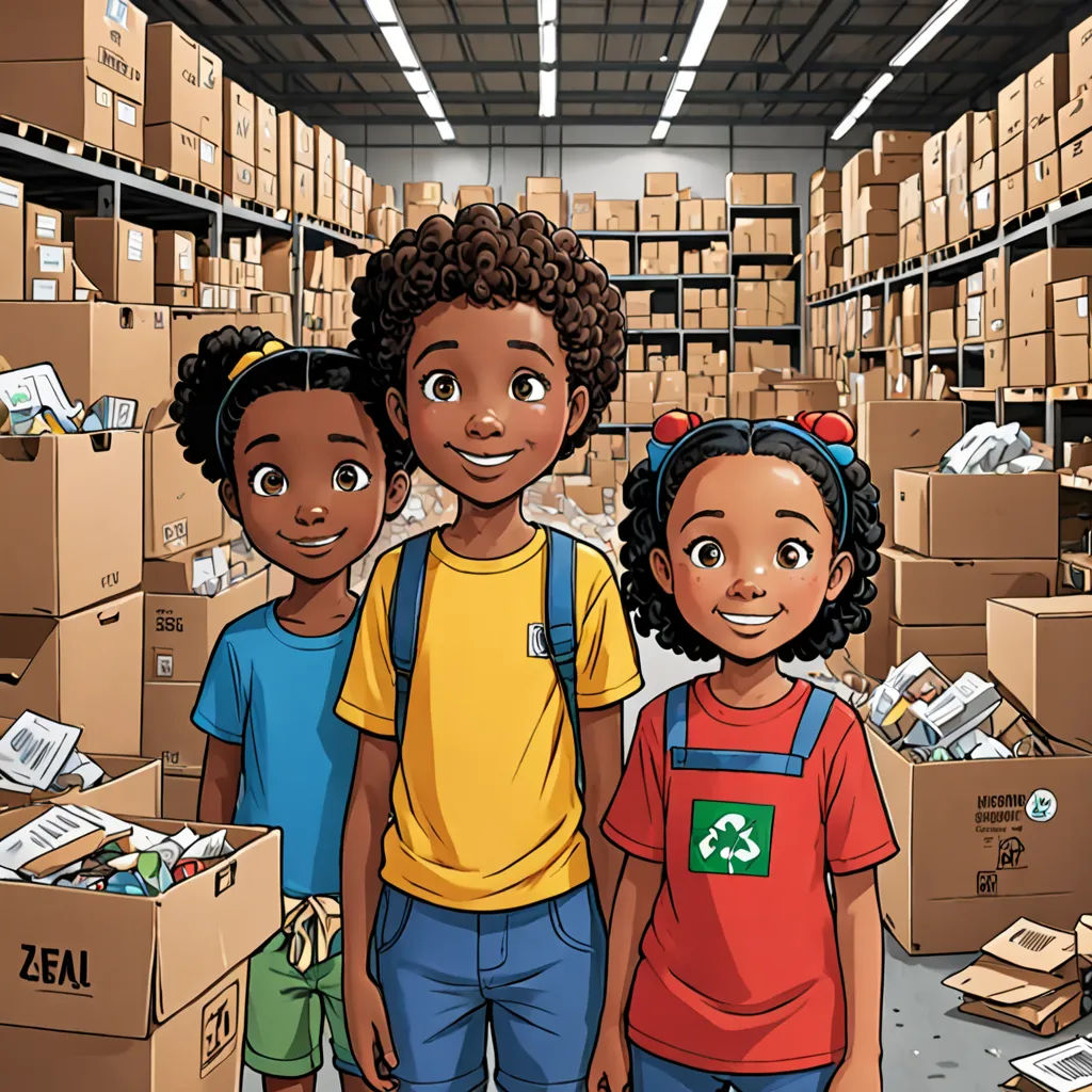 a group of children standing in a warehouse with boxes on the floor and boxes on the shelves behind them, process art, a stock photo, Andries Stock, comic cover art