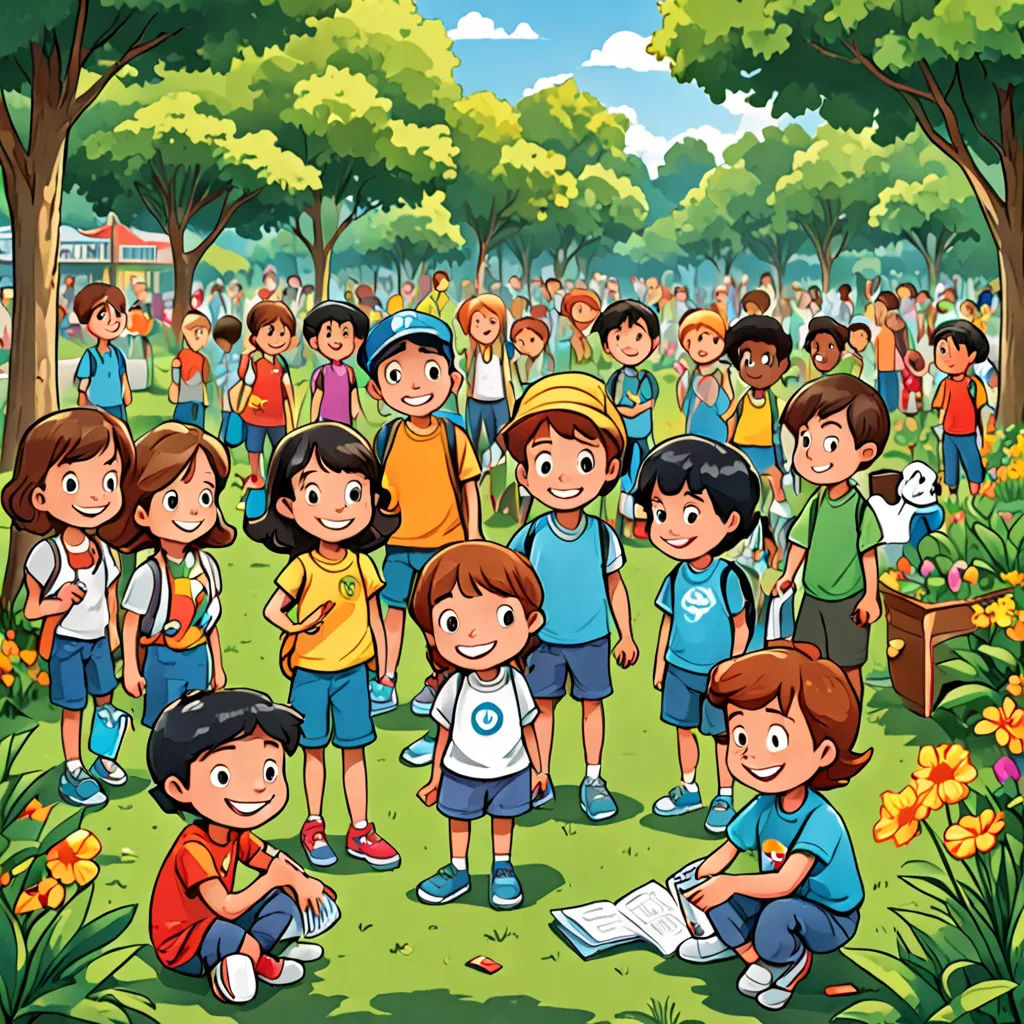 a group of children standing in a park with a book in front of them and a crowd of people behind them, danube school, a storybook illustration, Abidin Dino, promotional image