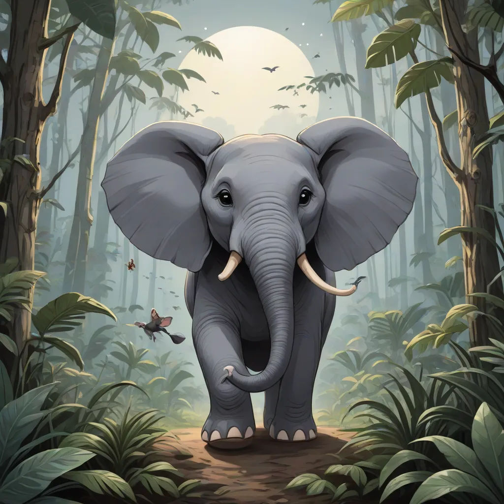 an elephant is standing in the middle of a forest with butterflies flying around it and a full moon in the background, Chris LaBrooy, sumatraism, a storybook illustration, highly detailed digital painting