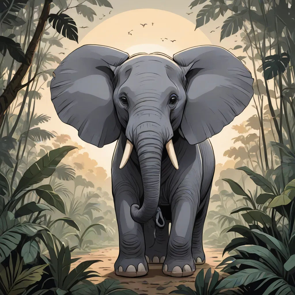 a cartoon elephant standing in a jungle with a full moon in the background and trees and bushes around it, Amédée Ozenfant, sumatraism, a storybook illustration, highly detailed digital painting