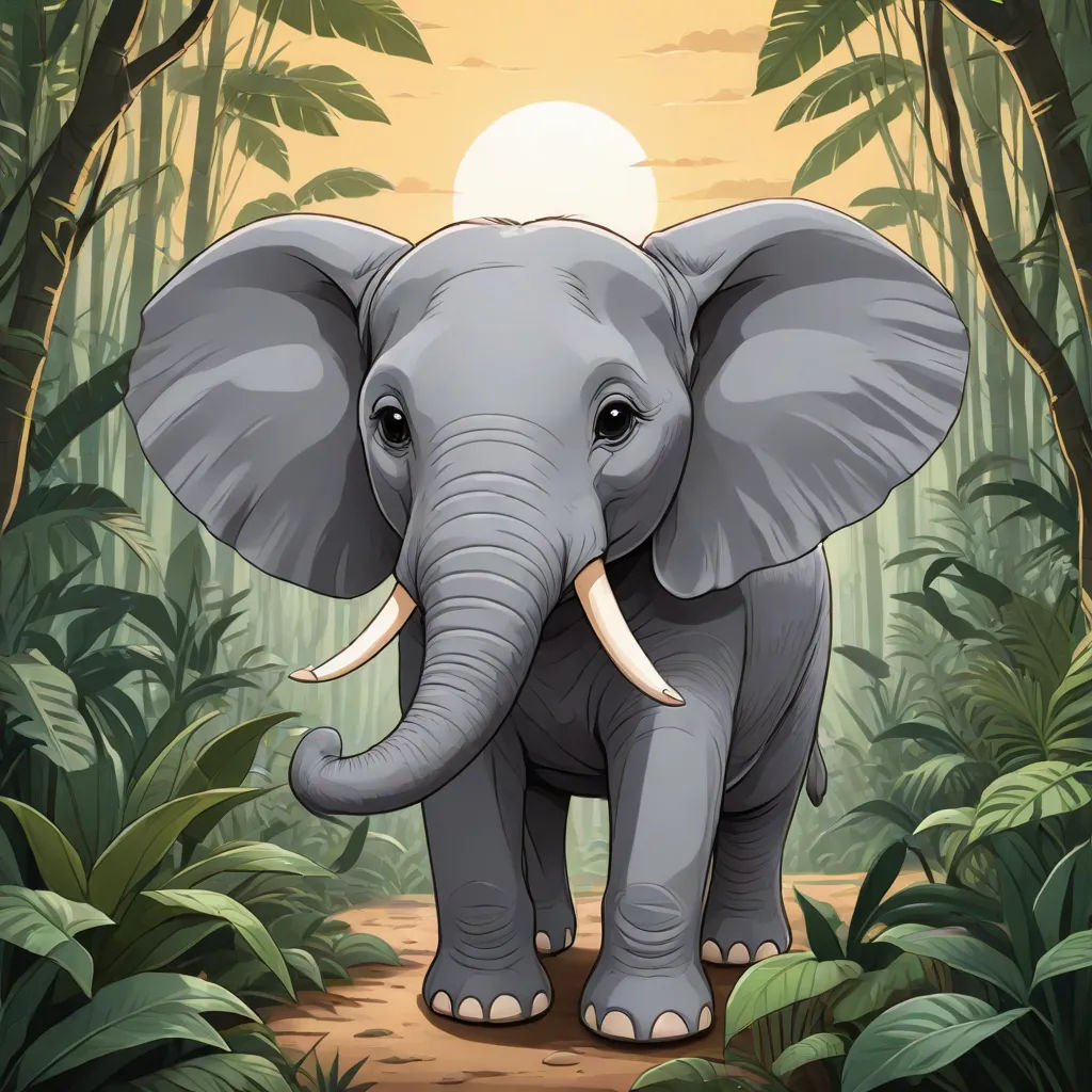 a cartoon elephant is walking through a jungle with trees and plants in the background and a sun setting behind it, Amédée Ozenfant, sumatraism, a storybook illustration, jungle