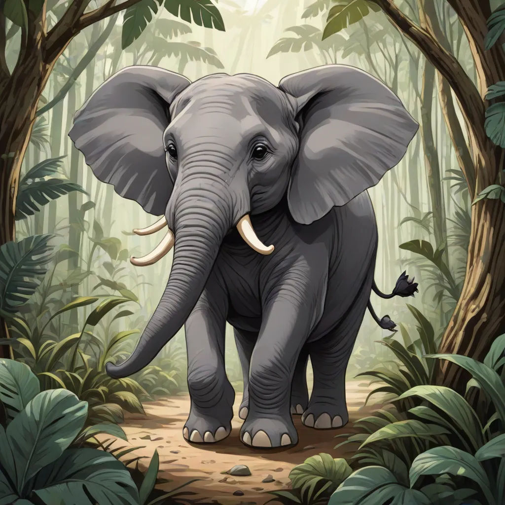 a cartoon elephant is walking through a jungle with trees and plants around it, with a path leading to the elephant, Amédée Ozenfant, sumatraism, a storybook illustration, jungle