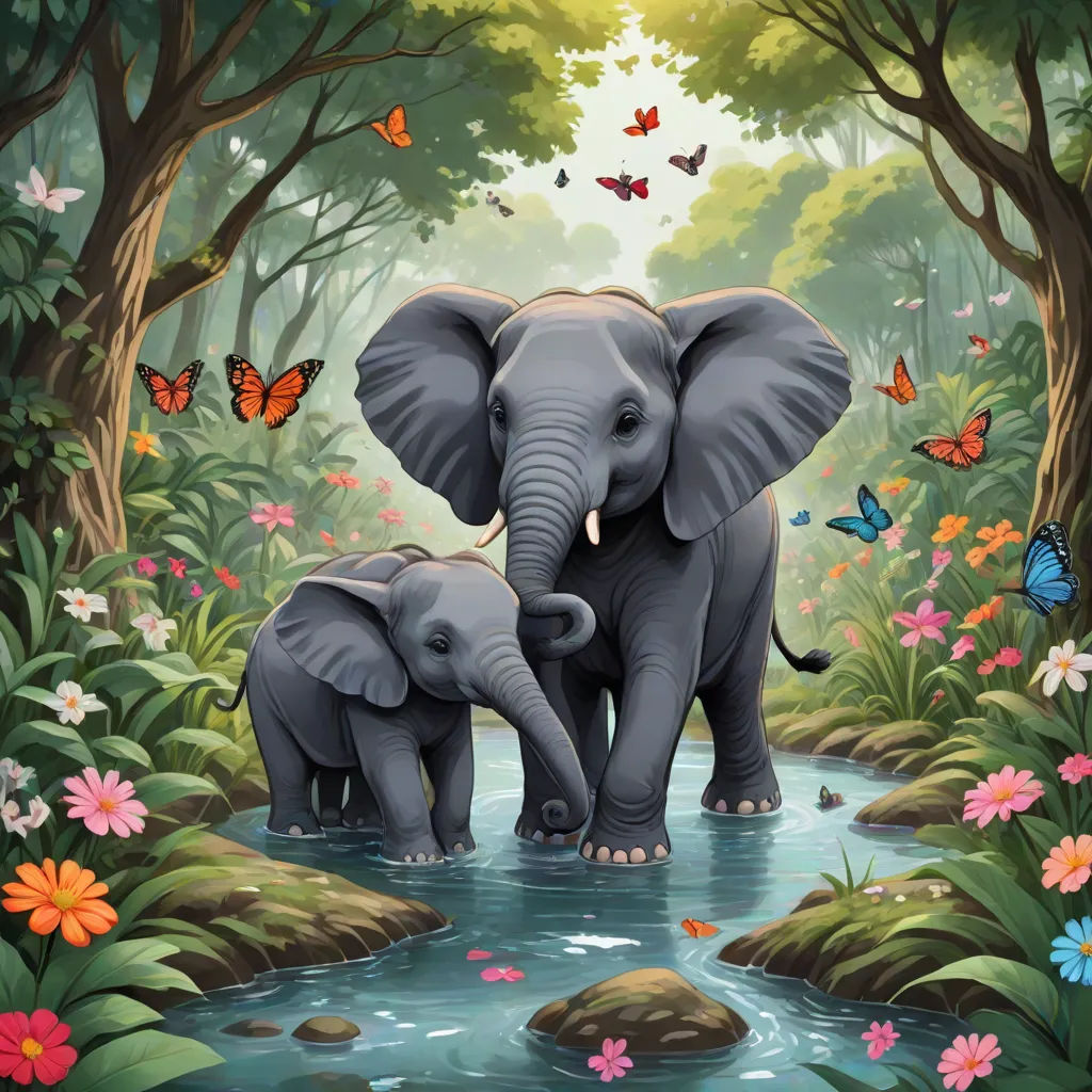 a painting of two elephants in a forest with flowers and butterflies around them, and a stream of water, Chris LaBrooy, magic realism, a storybook illustration, highly detailed digital painting