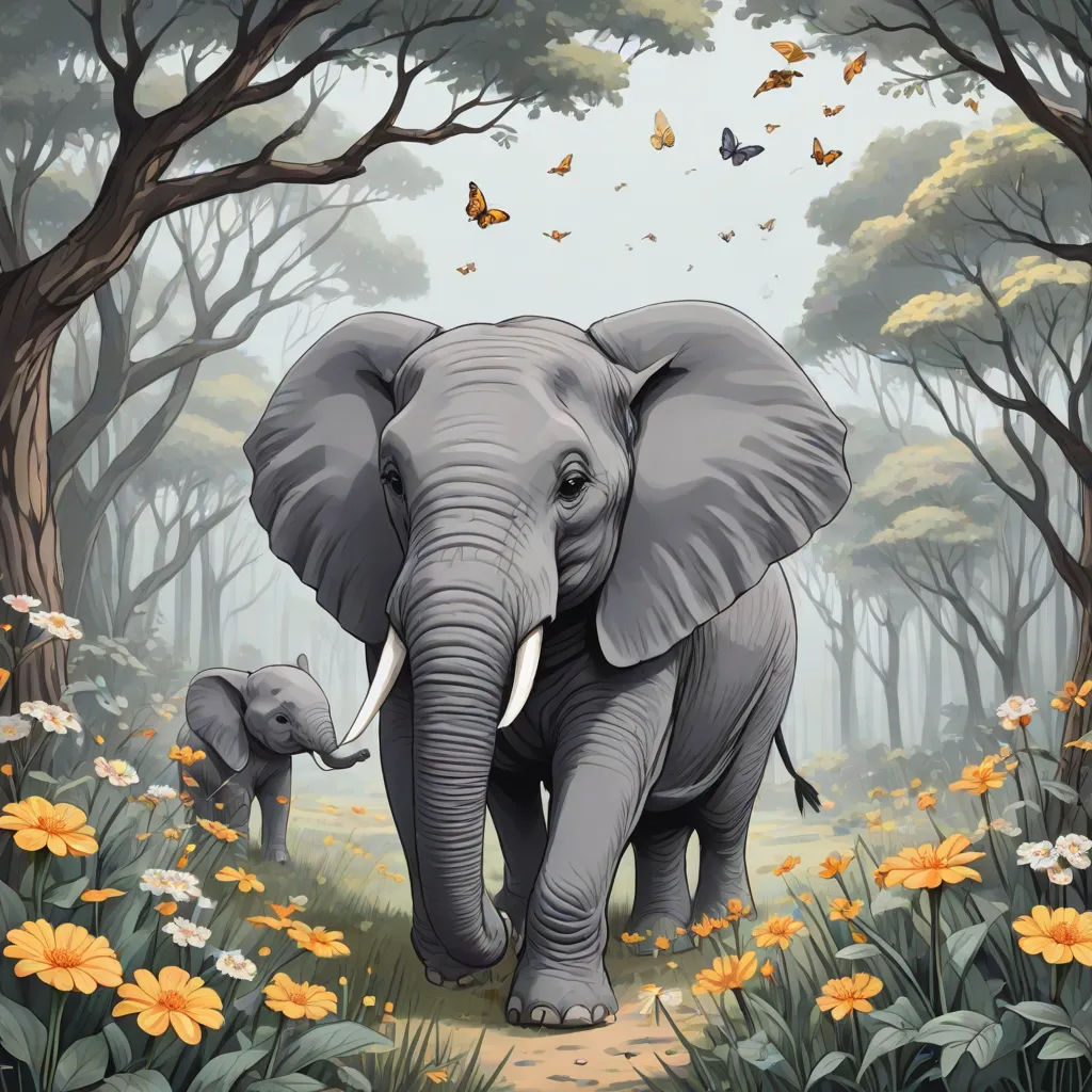 a painting of an elephant and its baby in a forest with butterflies flying overhead and a butterfly in the air, Chris LaBrooy, magical realism, a storybook illustration, highly detailed digital painting