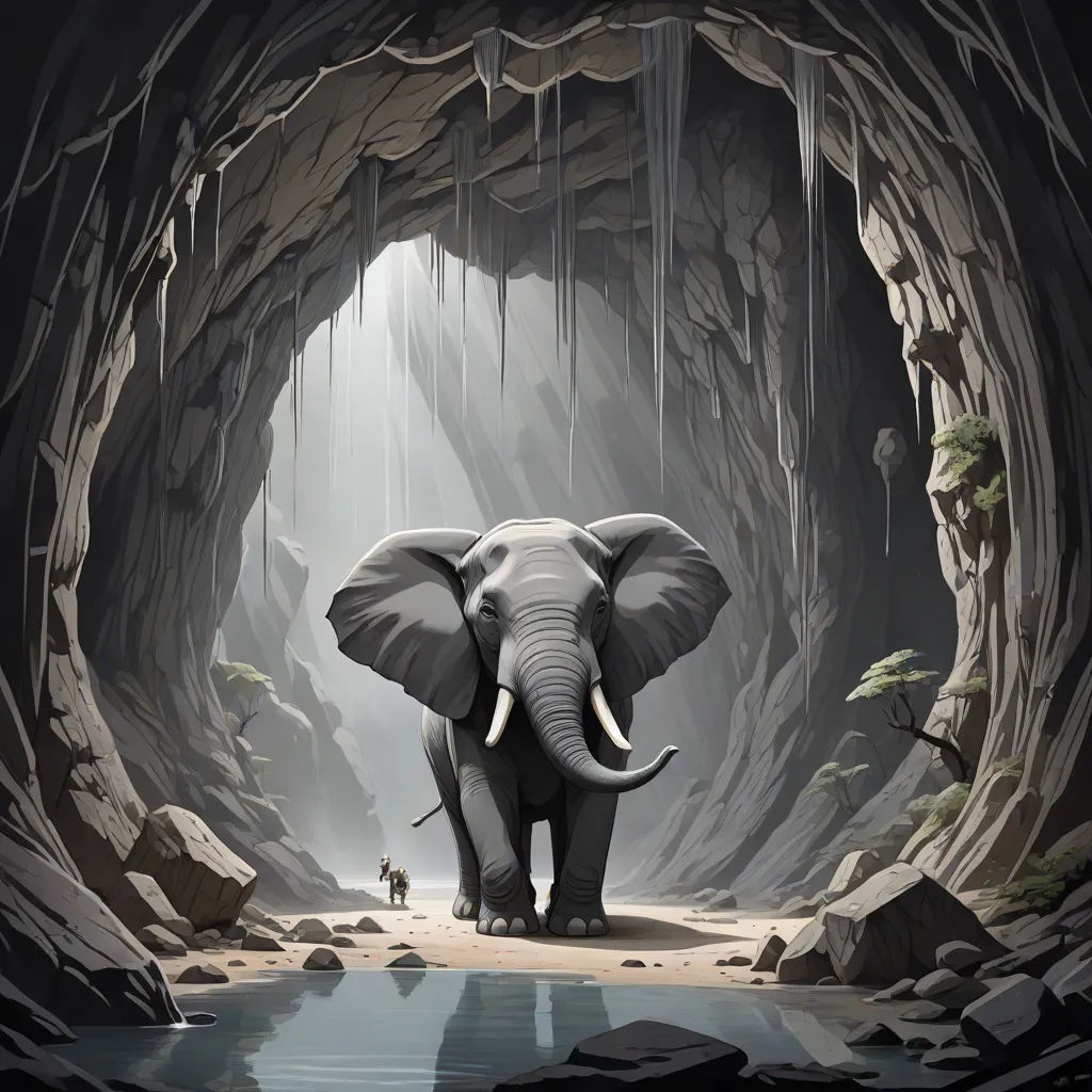 an elephant standing in a cave with a man in the background looking at it's reflection in the water, Ed Binkley, fantasy art, a detailed matte painting, 2 d game art