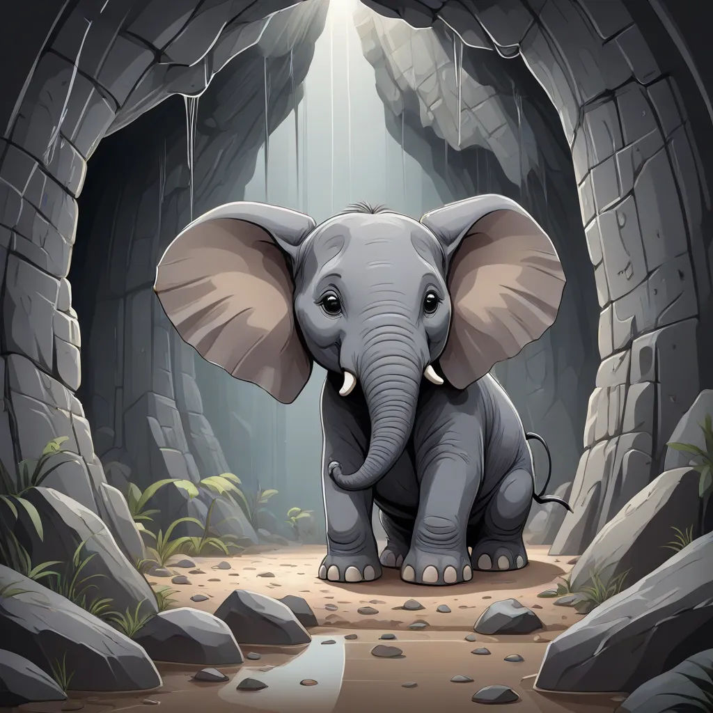 a small elephant standing in a cave with rocks and grass around it's feet and a light shining on the elephant, Chris LaBrooy, fantasy art, a storybook illustration, highly detailed digital painting