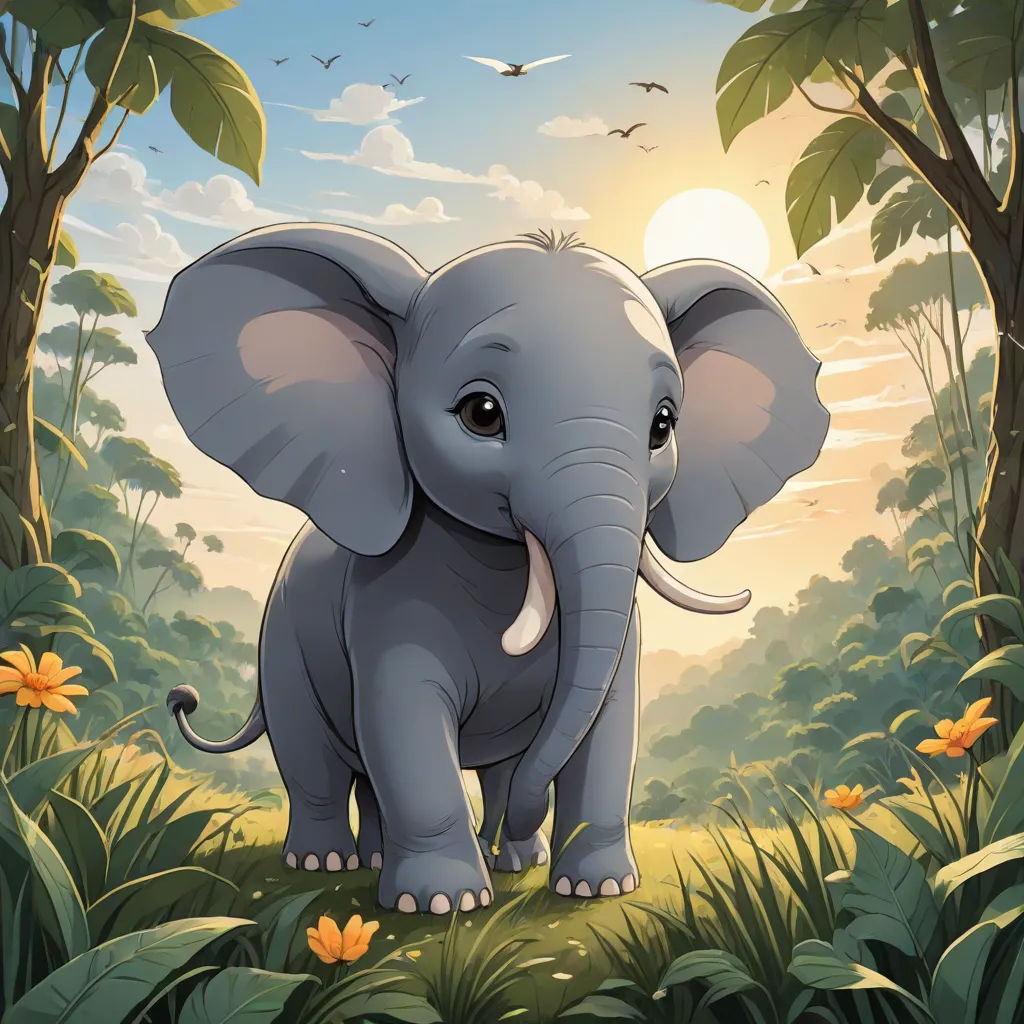 a baby elephant standing in the middle of a jungle with flowers and birds flying around it's head, Amédée Ozenfant, rayonism, a storybook illustration, magic the gathering artwork