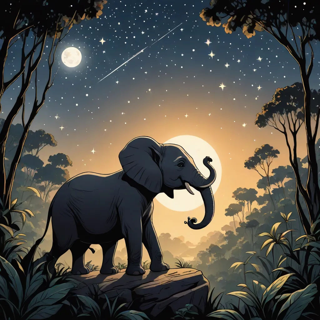 an elephant standing on a rock in the forest at night with the moon in the sky above it and stars above, Chris LaBrooy, space art, a storybook illustration, detailed illustration
