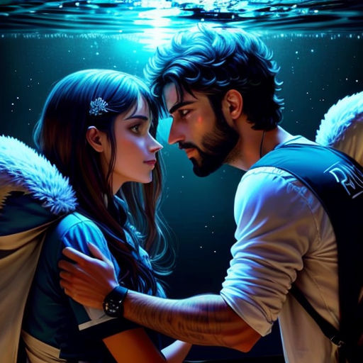 a man and a woman are kissing under the water with wings on their shoulders and a sky background with stars