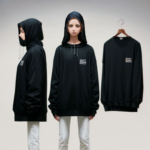 a woman standing next to two black sweatshirts on a hanger with a white background and a white background