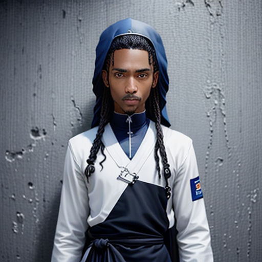 a man with long hair wearing a blue and white outfit and a blue hat and a black apron and a blue and white shirt