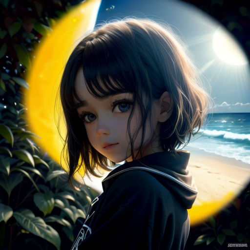 a girl is looking at the moon through a magnifying lens on a beach with a full moon