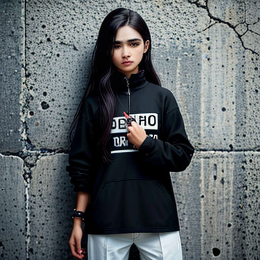 a woman standing in front of a wall wearing a black hoodie and white pants with a black bag