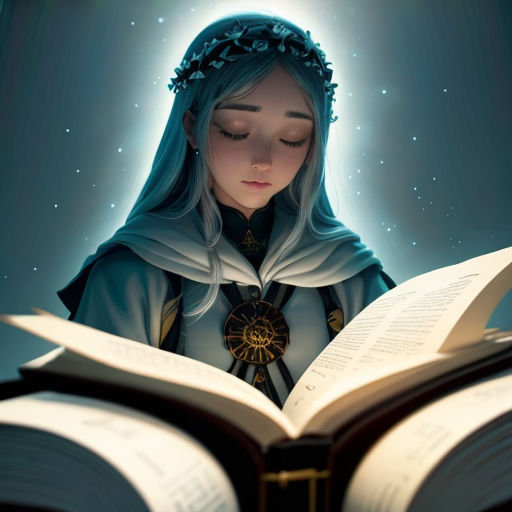 a woman reading a book with a light shining on her head and a halo around her neck and a star above her head