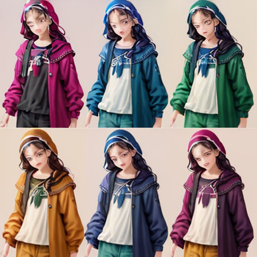 a group of women wearing different colored clothes and hats, all wearing hoodies and sweatshirts, all wearing pants