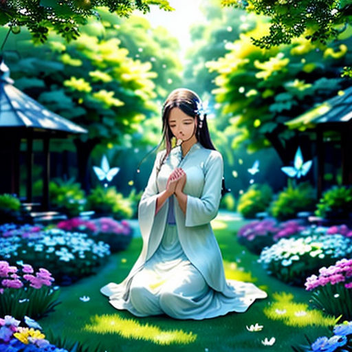 a woman sitting in a field of flowers praying with a butterfly flying overhead in the background of the picture