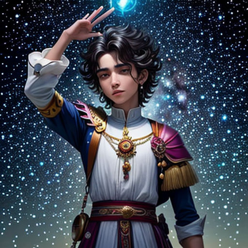a young man in a costume holding a star above his head and pointing to the sky with his hand