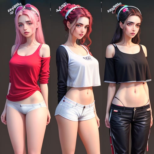 three different poses of a woman in short shorts and a crop top with a crop top on top of her head