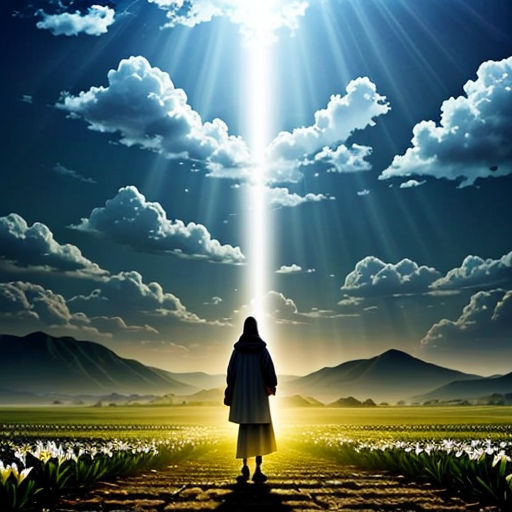 a person standing in a field with a light beam coming out of the sky above them and a field of flowers in the foreground