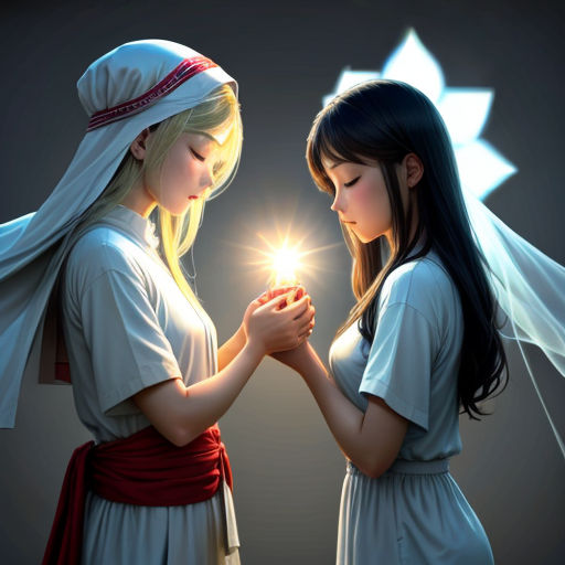 two girls in white dresses holding a light in their hands with a star shining in the middle of their hands