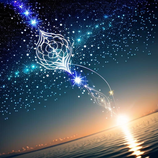 a star is flying through the sky over the ocean at night time with a bright star in the sky