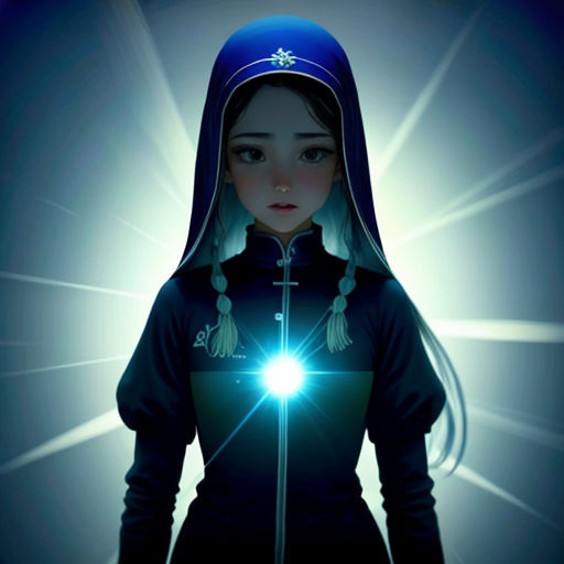 a woman in a hooded jacket holding a glowing light in her hand and looking at the camera with a glowing light in her hand