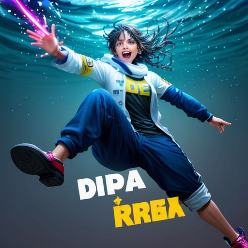 a woman in a blue jumpsuit is in the air with her arms out and her legs out, with a blue background and a yellow and white text that reads dipa r r rgba