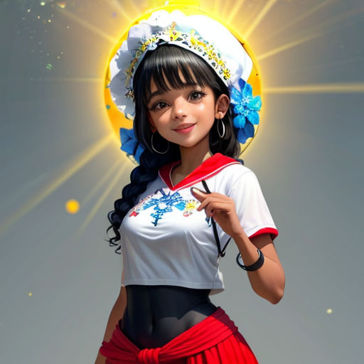 a woman in a red skirt and white shirt with a sun in the background and a halo around her head