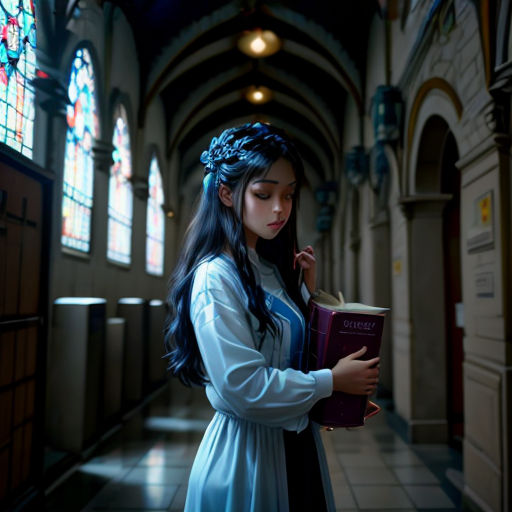 a woman in a blue dress holding a book in a church aisle with stained glass windows behind her and a stained glass window behind her
