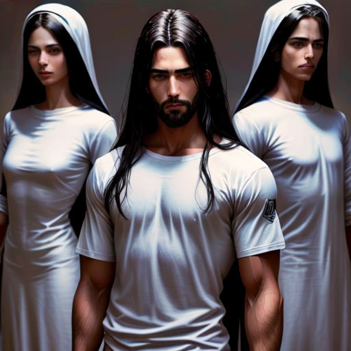 a group of men in white shirts standing next to each other with long hair and long hair in the middle