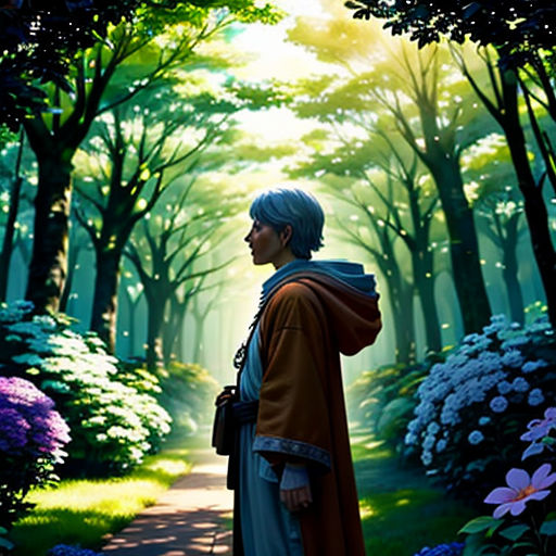 a man standing in a forest with a dog on a leash next to him and a dog on a leash