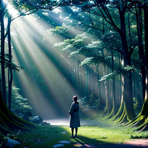 a person standing in the middle of a forest with sunlight streaming through the trees and a path leading to a lake