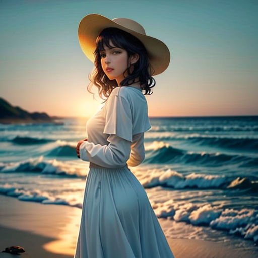 a woman in a white dress and hat standing on a beach at sunset with the sun shining behind her